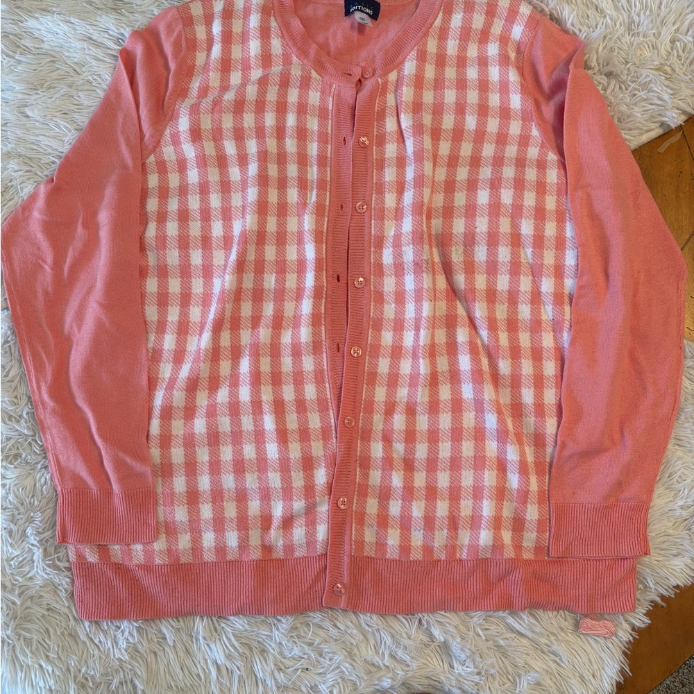 Basic Editions Pink Gingham Cardigan Button Front Sweater Size XXL